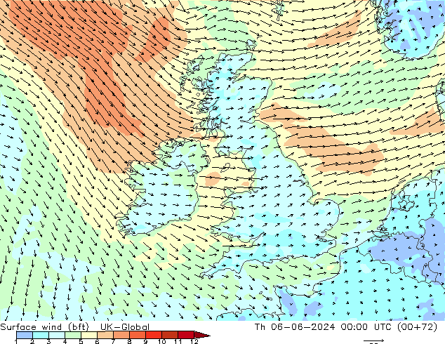 Surface wind (bft) UK-Global Th 06.06.2024 00 UTC