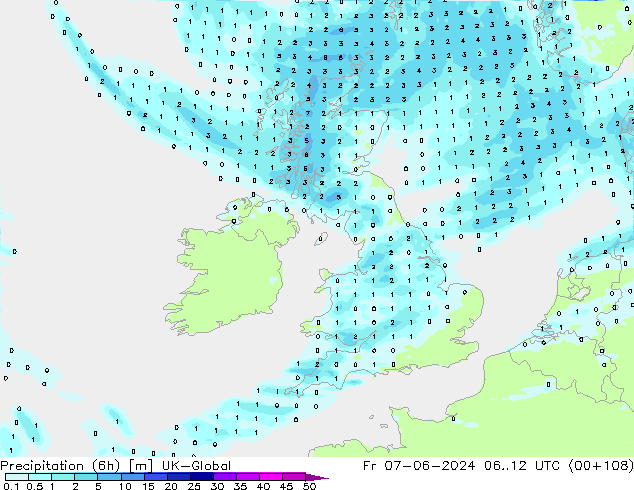 Precipitation (6h) UK-Global Fr 07.06.2024 12 UTC