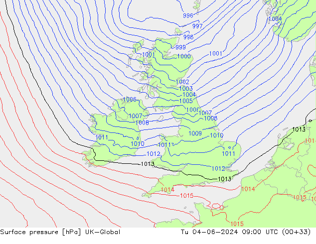 Surface pressure UK-Global Tu 04.06.2024 09 UTC