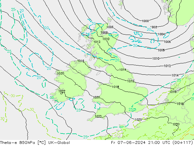 Theta-e 850hPa UK-Global Fr 07.06.2024 21 UTC