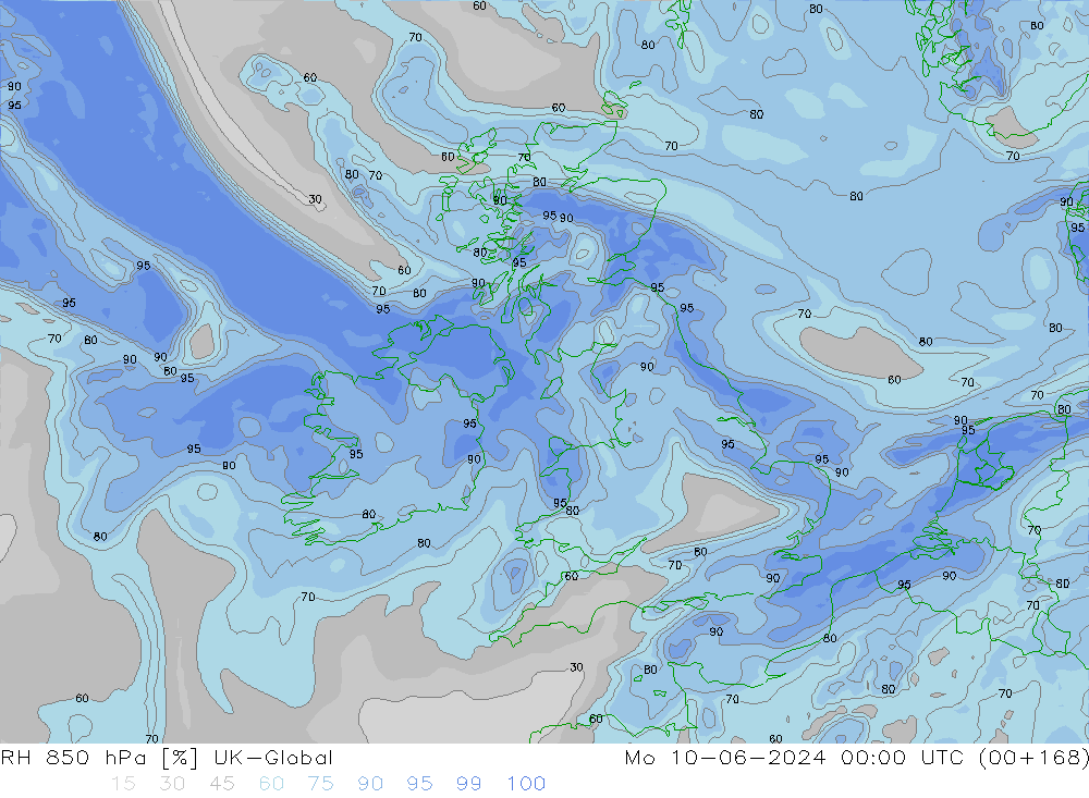 RH 850 hPa UK-Global Mo 10.06.2024 00 UTC