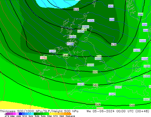 Espesor 500-1000 hPa UK-Global mié 05.06.2024 00 UTC