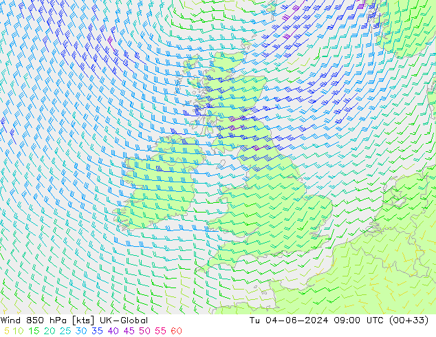 Wind 850 hPa UK-Global Tu 04.06.2024 09 UTC