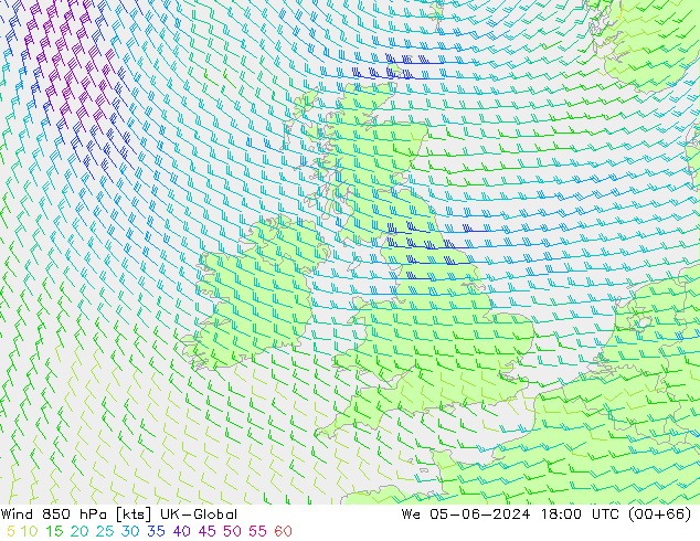 Wind 850 hPa UK-Global wo 05.06.2024 18 UTC