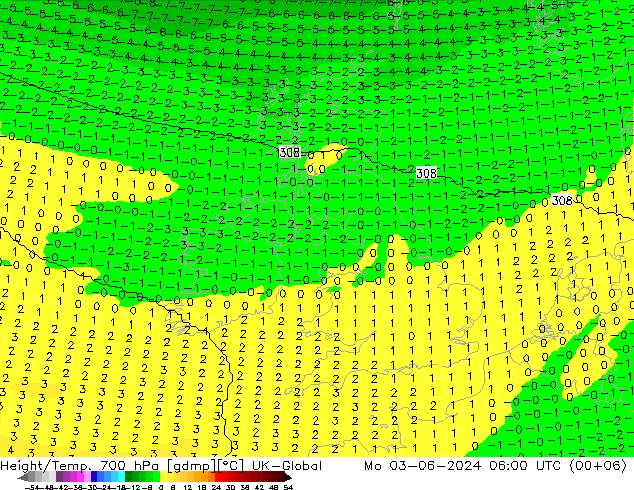 Height/Temp. 700 hPa UK-Global pon. 03.06.2024 06 UTC