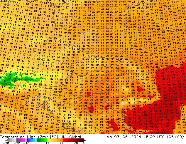 température 2m max UK-Global lun 03.06.2024 15 UTC