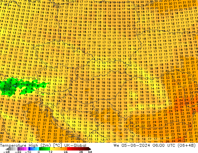 Max. Temperatura (2m) UK-Global śro. 05.06.2024 06 UTC