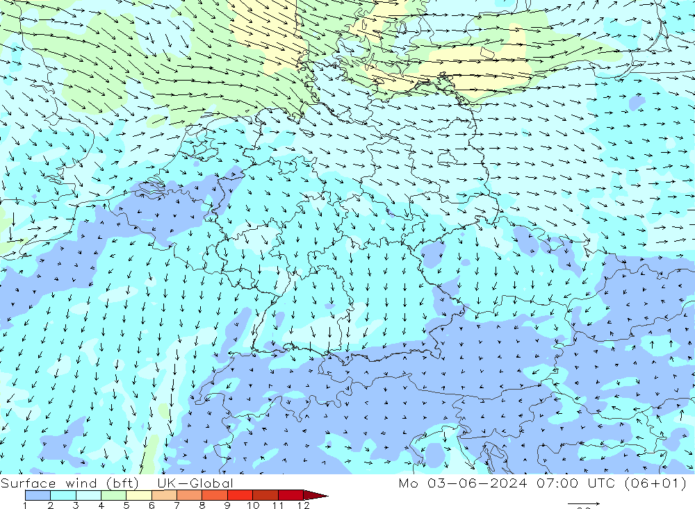 Surface wind (bft) UK-Global Po 03.06.2024 07 UTC