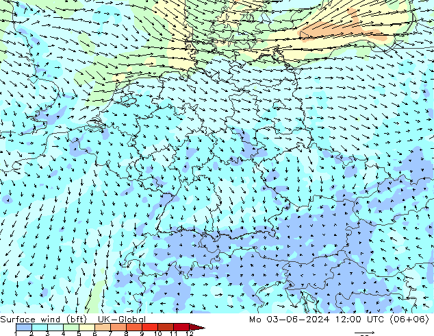 Surface wind (bft) UK-Global Po 03.06.2024 12 UTC