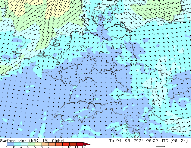 Bodenwind (bft) UK-Global Di 04.06.2024 06 UTC