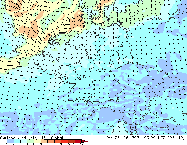 Vento 10 m (bft) UK-Global mer 05.06.2024 00 UTC