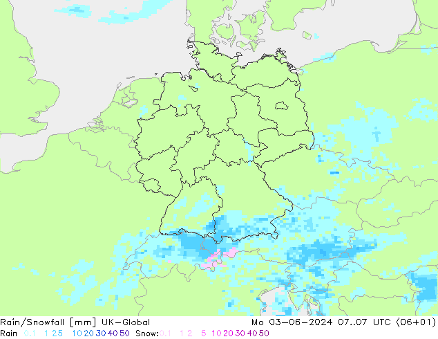 Rain/Snowfall UK-Global Pzt 03.06.2024 07 UTC