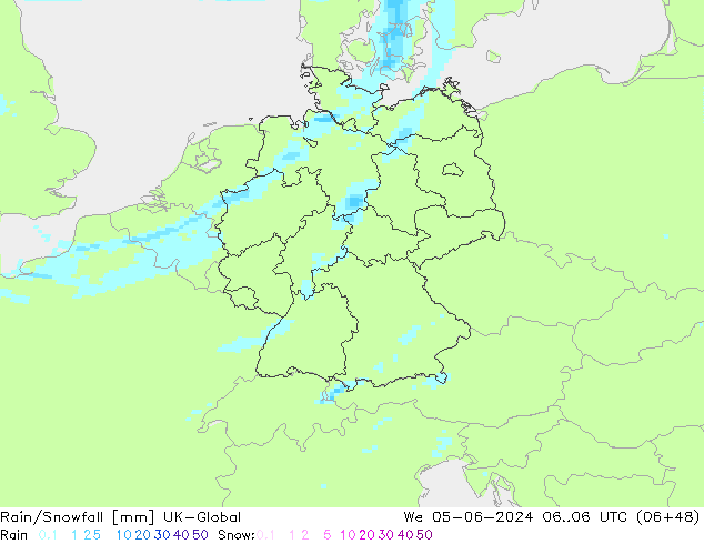 Rain/Snowfall UK-Global śro. 05.06.2024 06 UTC