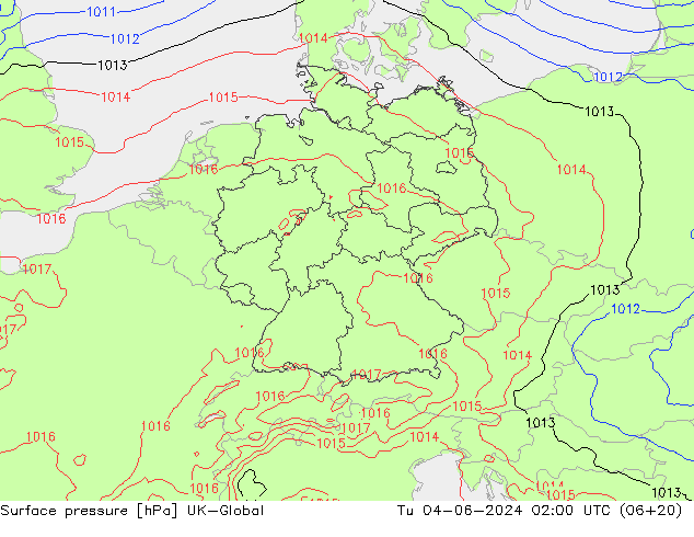 Atmosférický tlak UK-Global Út 04.06.2024 02 UTC