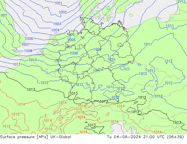 Atmosférický tlak UK-Global Út 04.06.2024 21 UTC