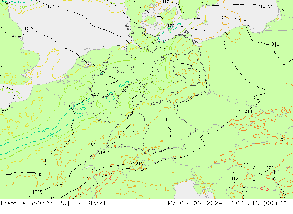 Theta-e 850гПа UK-Global пн 03.06.2024 12 UTC