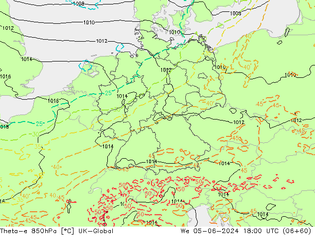Theta-e 850hPa UK-Global Mi 05.06.2024 18 UTC