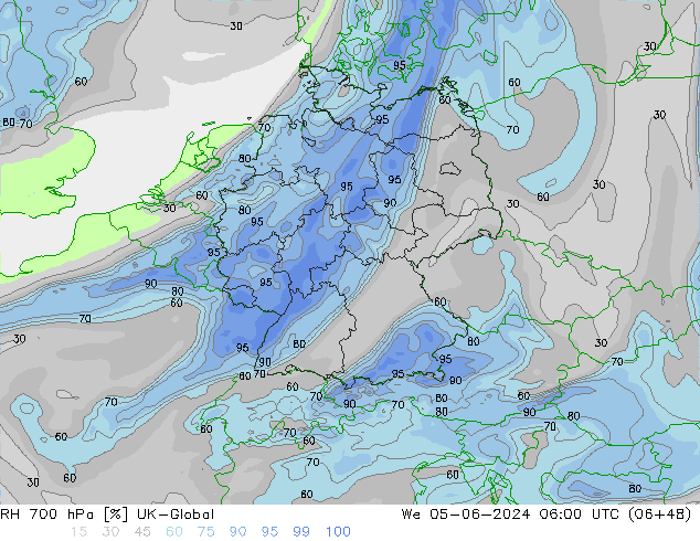 Humedad rel. 700hPa UK-Global mié 05.06.2024 06 UTC