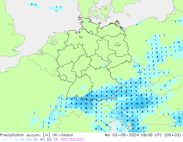 Precipitation accum. UK-Global Mo 03.06.2024 09 UTC