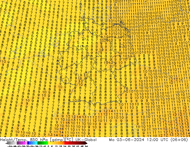 Height/Temp. 850 hPa UK-Global Seg 03.06.2024 12 UTC