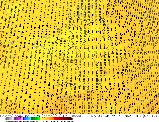 Height/Temp. 850 hPa UK-Global Mo 03.06.2024 18 UTC