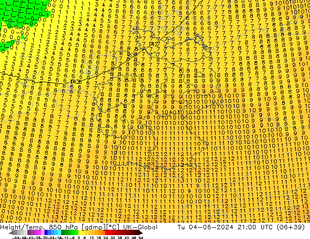 Height/Temp. 850 гПа UK-Global вт 04.06.2024 21 UTC