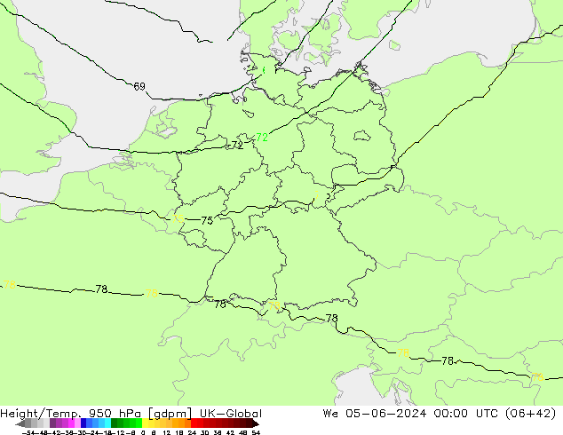 Height/Temp. 950 гПа UK-Global ср 05.06.2024 00 UTC