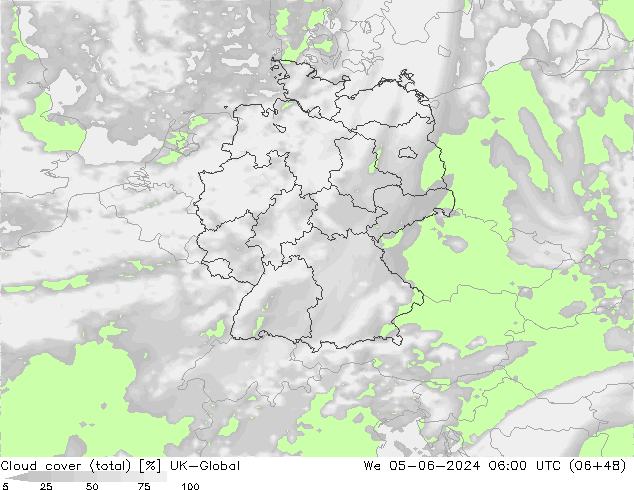 Bewolking (Totaal) UK-Global wo 05.06.2024 06 UTC