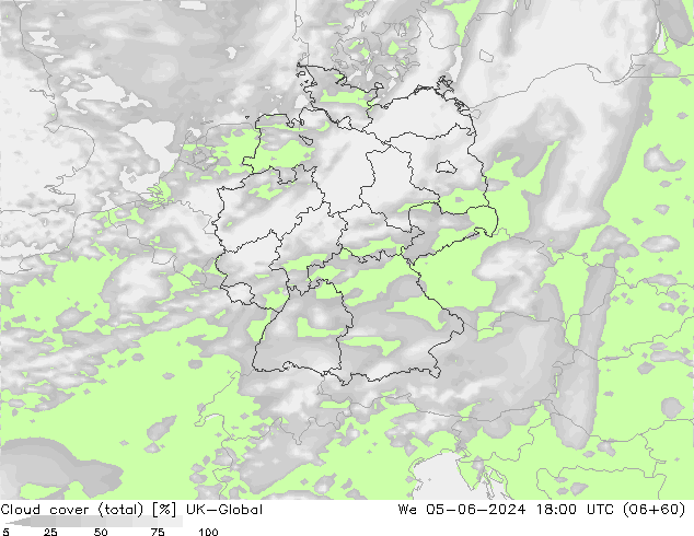 Cloud cover (total) UK-Global We 05.06.2024 18 UTC