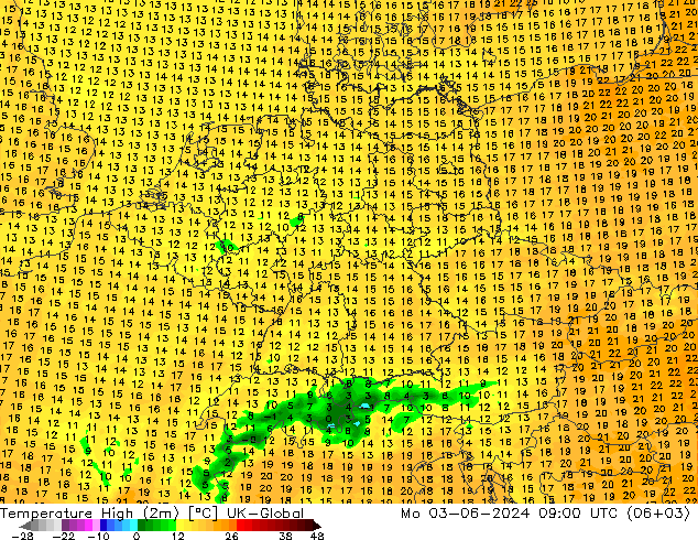 Temp. massima (2m) UK-Global lun 03.06.2024 09 UTC