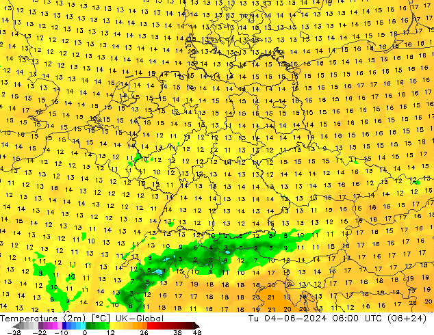 Temperature (2m) UK-Global Tu 04.06.2024 06 UTC