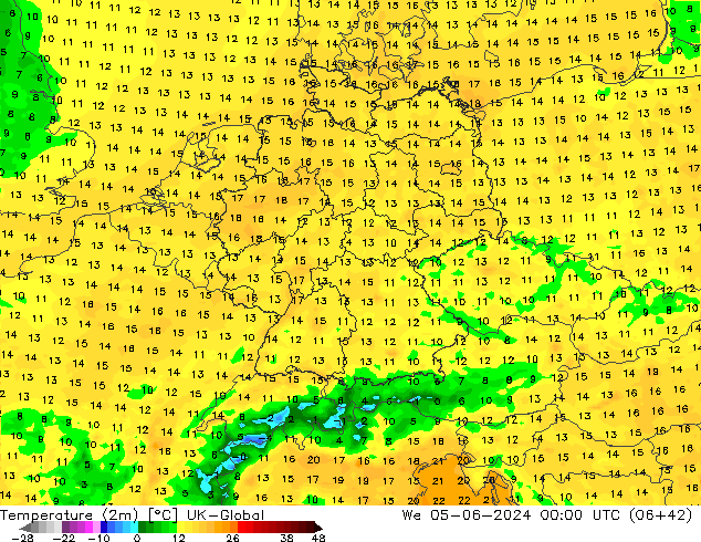 Temperatuurkaart (2m) UK-Global wo 05.06.2024 00 UTC