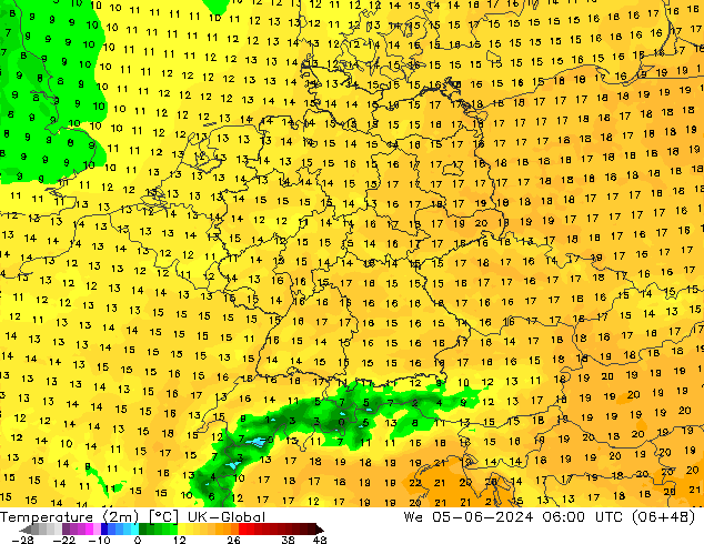 Temperature (2m) UK-Global We 05.06.2024 06 UTC