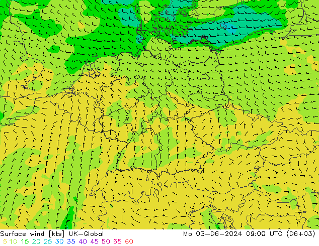 Surface wind UK-Global Mo 03.06.2024 09 UTC