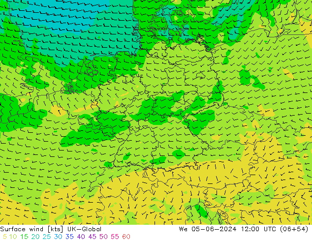 Surface wind UK-Global St 05.06.2024 12 UTC