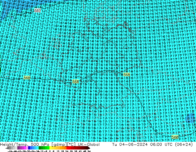 Height/Temp. 500 hPa UK-Global wto. 04.06.2024 06 UTC