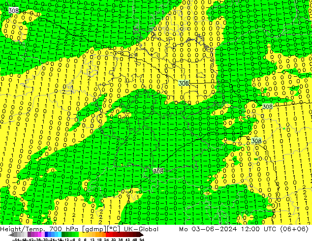 Height/Temp. 700 hPa UK-Global Mo 03.06.2024 12 UTC