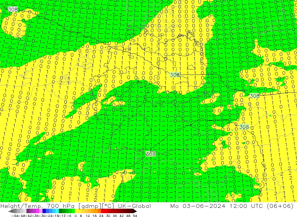 Yükseklik/Sıc. 700 hPa UK-Global Pzt 03.06.2024 12 UTC