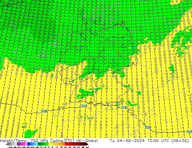 Geop./Temp. 700 hPa UK-Global mar 04.06.2024 12 UTC