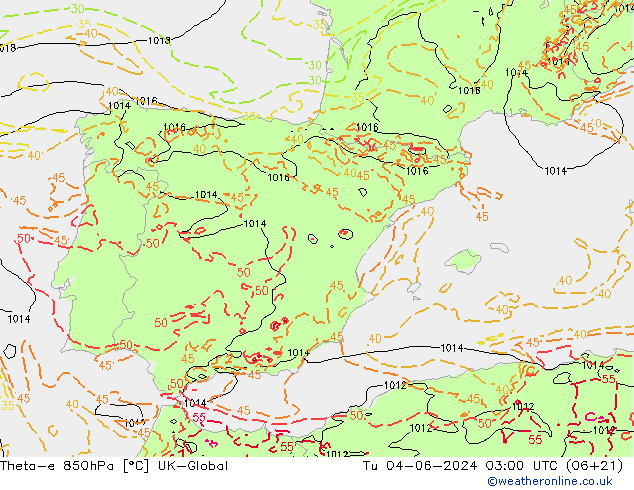 Theta-e 850hPa UK-Global mar 04.06.2024 03 UTC