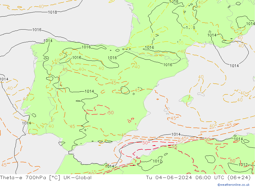 Theta-e 700hPa UK-Global mar 04.06.2024 06 UTC