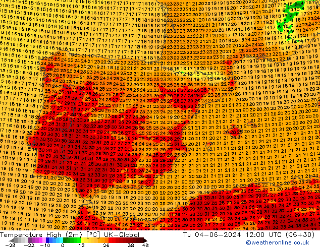 Nejvyšší teplota (2m) UK-Global Út 04.06.2024 12 UTC