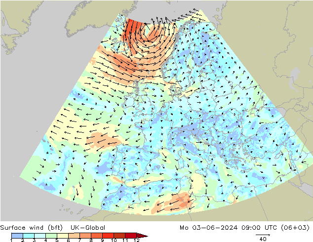 Surface wind (bft) UK-Global Mo 03.06.2024 09 UTC