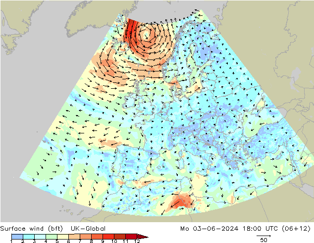 Surface wind (bft) UK-Global Mo 03.06.2024 18 UTC