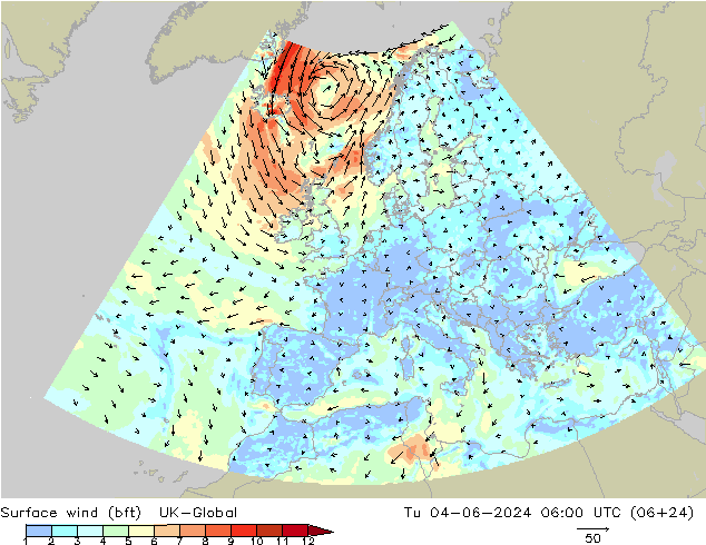 Rüzgar 10 m (bft) UK-Global Sa 04.06.2024 06 UTC