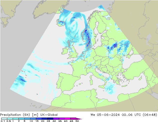 Precipitation (6h) UK-Global We 05.06.2024 06 UTC