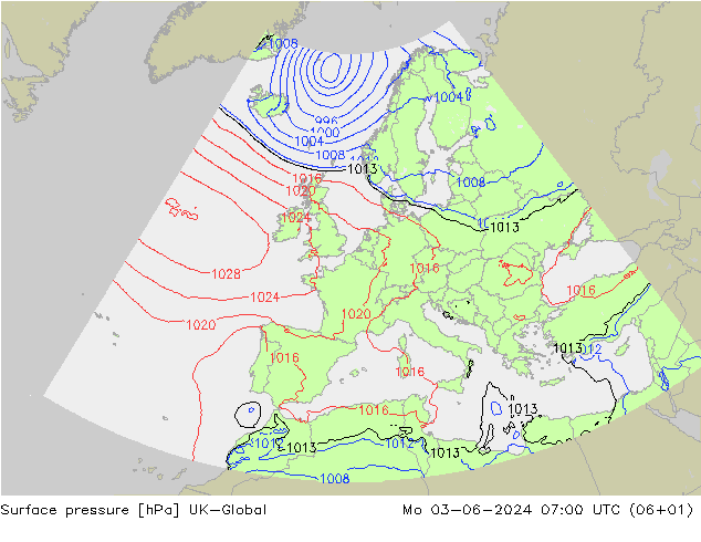 地面气压 UK-Global 星期一 03.06.2024 07 UTC