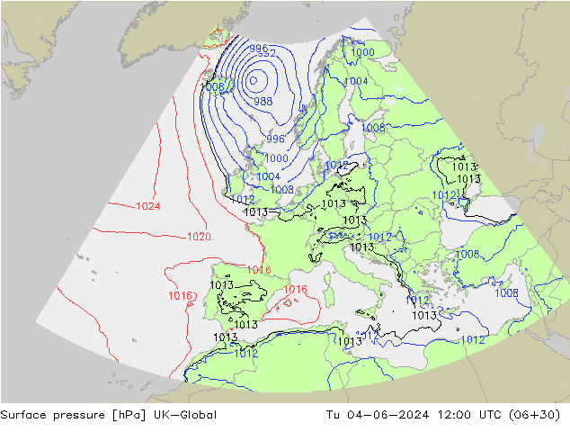 Atmosférický tlak UK-Global Út 04.06.2024 12 UTC