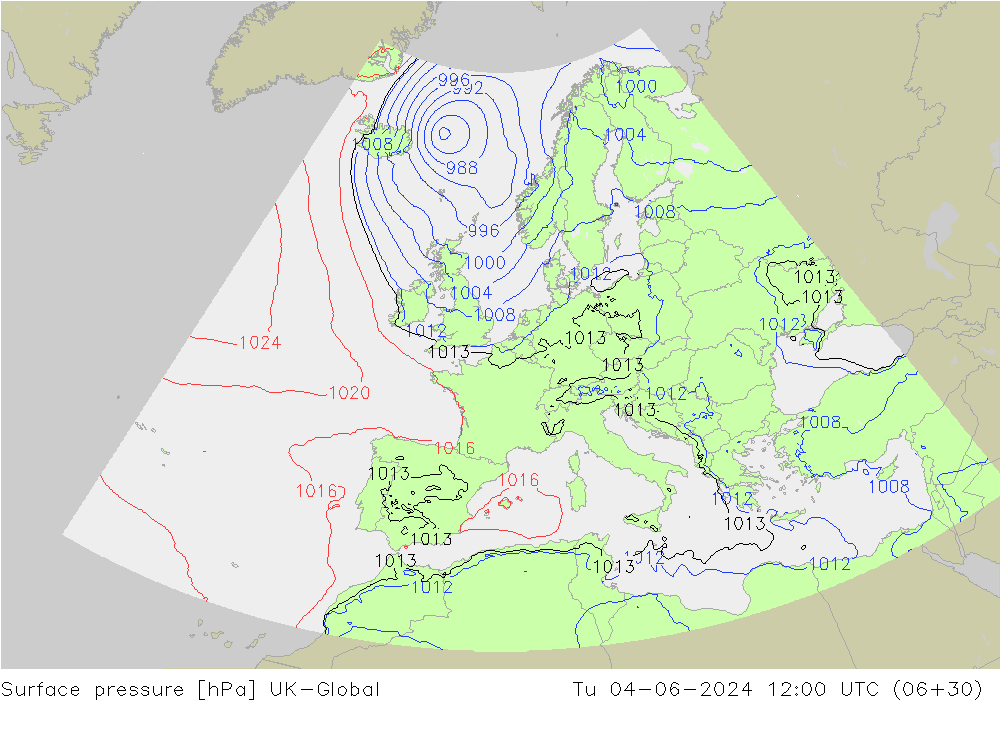 Surface pressure UK-Global Tu 04.06.2024 12 UTC