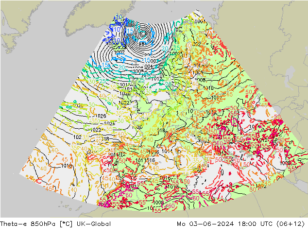 Theta-e 850hPa UK-Global lun 03.06.2024 18 UTC